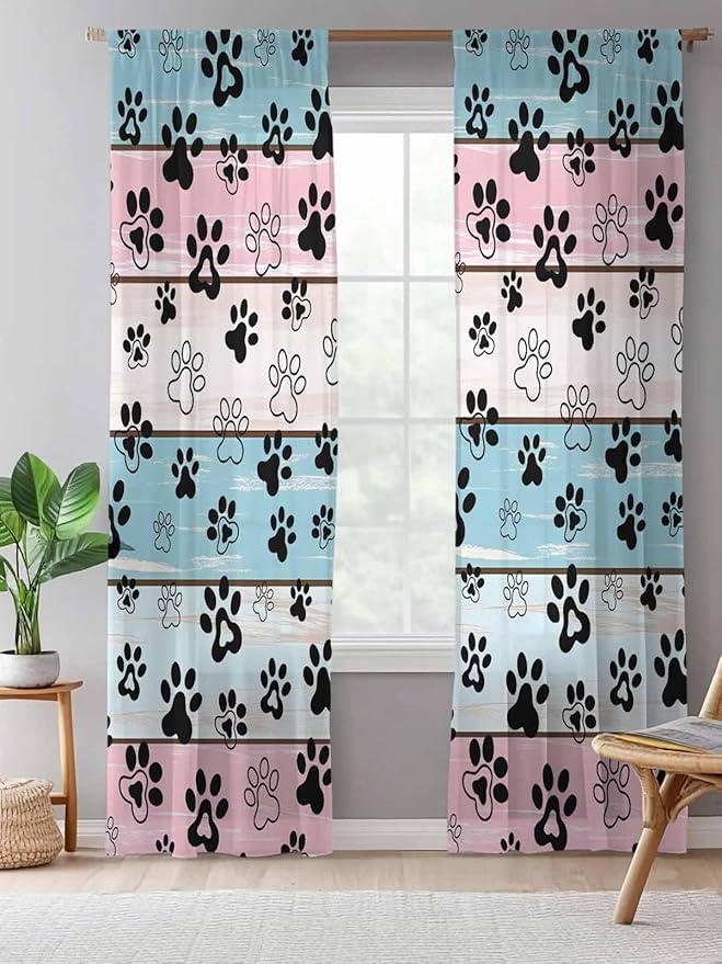 Sheer Curtains 96 Inches Long, Blue Pink Dog Paws Prints Semi Sheer Curtains Light Filtering Window Treatment, Farmhouse Beige Wood Privacy Voile Drapes for Living Room Bedroom 52x96 Inch