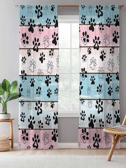 Sheer Curtains 84 Inches Long, Blue Pink Dog Paws Prints Semi Sheer Curtains Light Filtering Window Treatment, Farmhouse Beige Wood Privacy Voile Drapes for Living Room Bedroom 52x84 Inch