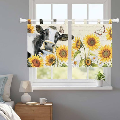 Yellow Sunflowers Kitchen Curtains 24 Inch Length, Small Window Curtains Tab Top, Country Cow Flower Butterfly Farmhouse Cream Light Filtering Short Window Treatments Tier Drapes 27.5"x24" 2 Panel