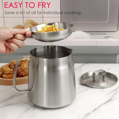 50oz 304 Stainless Steel Oil Filter Pot, Heavy Duty Bacon Grease Container & Deep Fryer Basket, Large Capacity Multi-function Oil Filter Vessel with Strainer for Kitchen Storing Frying Cooking Grease