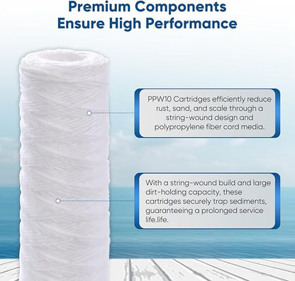 PUREPLUS 5 Micron 10"x2.5" Whole House String Wound Sediment Filter for Well Water, Replacement Cartridge for Universal 10 inch RO System, WP-5, Aqua-Pure AP110, CFS110, Culligan P5, WFPFC4002, 6Pack
