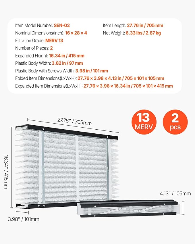 VEVOR 16x28x4 Furnace Air Filter, MERV 13 Pleated HVAC AC Replacement, Electrostatic 12-Month Air Cleaner, 2-Pack (Actual Size: 16.34x27.76x3.98 in), for Improving Home Indoor Quality