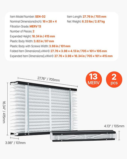 VEVOR 16x28x4 Furnace Air Filter, MERV 13 Pleated HVAC AC Replacement, Electrostatic 12-Month Air Cleaner, 2-Pack (Actual Size: 16.34x27.76x3.98 in), for Improving Home Indoor Quality