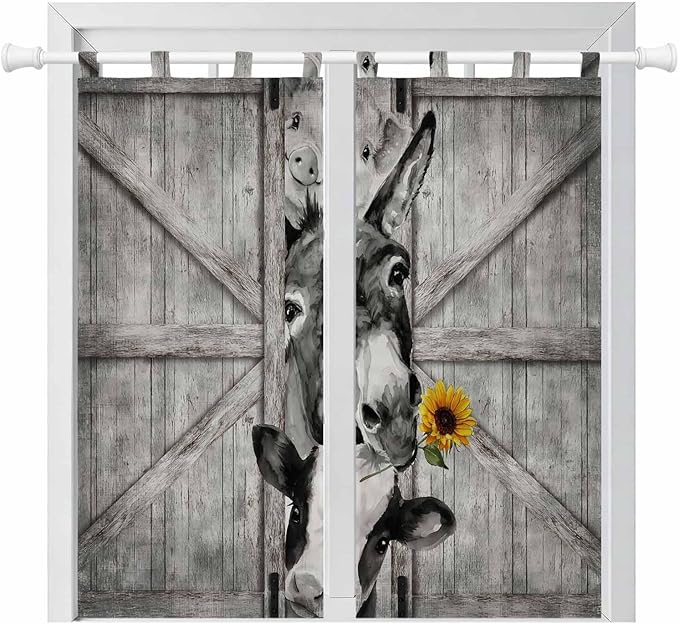 Funny Farm Animals Bedroom Curtains 72 Inch Length, Window Curtains Tab Top, Vintage Barn Grey Sunflowers Light Filtering Window Treatments Drapes 52"x72" 2 Panel