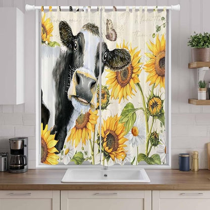 Yellow Sunflowers Living Room Curtains 84 Inch Length, Window Curtains Tab Top, Country Cow Flower Butterfly Farmhouse Cream Light Filtering Window Treatments Drapes 52"x84" 2 Panel