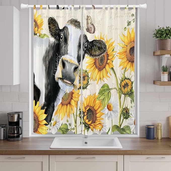 Yellow Sunflowers Living Room Curtains 96 Inch Length, Window Curtains Tab Top, Country Cow Flower Butterfly Farmhouse Cream Light Filtering Window Treatments Drapes 52"x96" 2 Panel