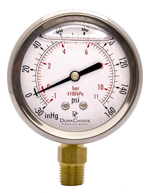 2-1/2" Oil Filled Vacuum Pressure Gauge - Stainless Steel Case, Brass, 1/4" NPT, Lower Mount Connection, 30HG/160PSI