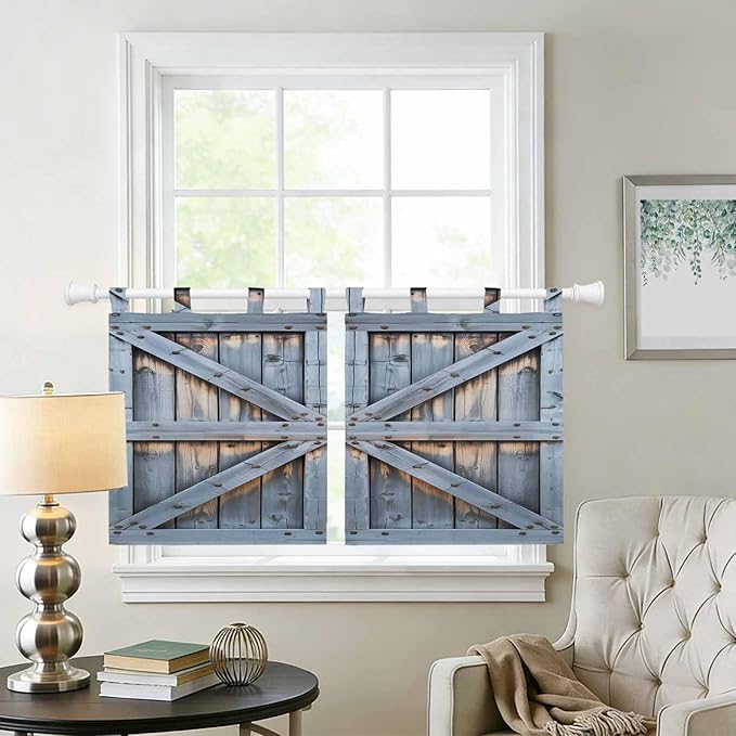 Farmhouse Wood Grain Kitchen Curtains 36 Inch Length, Small Window Curtains Tab Top, Vintage Country Barn Gate Textured Light Filtering Short Window Treatments Tier Drapes 27.5"x36" 2 Panel