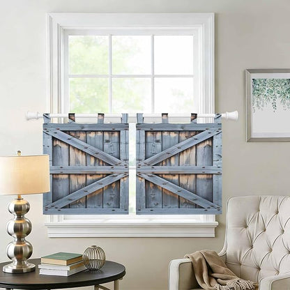 Farmhouse Wood Grain Kitchen Curtains 36 Inch Length, Small Window Curtains Tab Top, Vintage Country Barn Gate Textured Light Filtering Short Window Treatments Tier Drapes 27.5"x36" 2 Panel