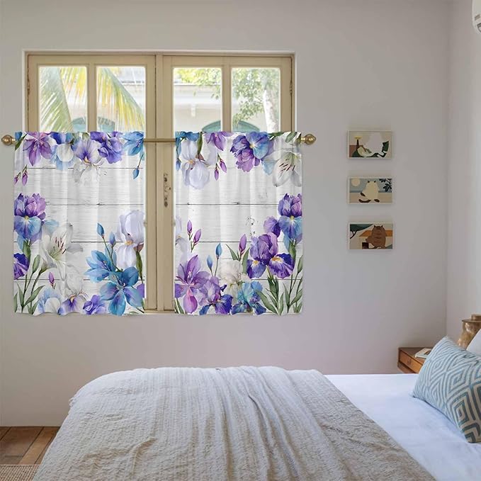 Spring Flowers Kitchen Curtains, Watercolor Garden Florals Wooden Grain Light Filtering Window Curtain Panels, 2Pcs Rod Pocket Window Treatments Set for Study Room Bathroom Bedroom 52x54 Inches