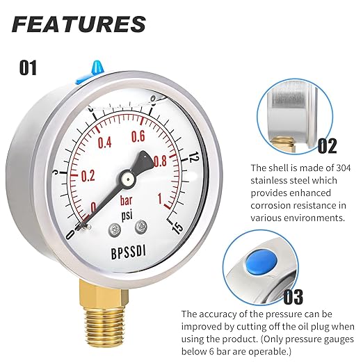 0-15 Psi Glycerin Liquid Filled Low Pressure Gauge, 2.5" Dial Size, 1/4" NPT Lower Mount, 304 Stainless Steel Case, for Water Pipe, HVAC, Water Oil Air Pressure Test