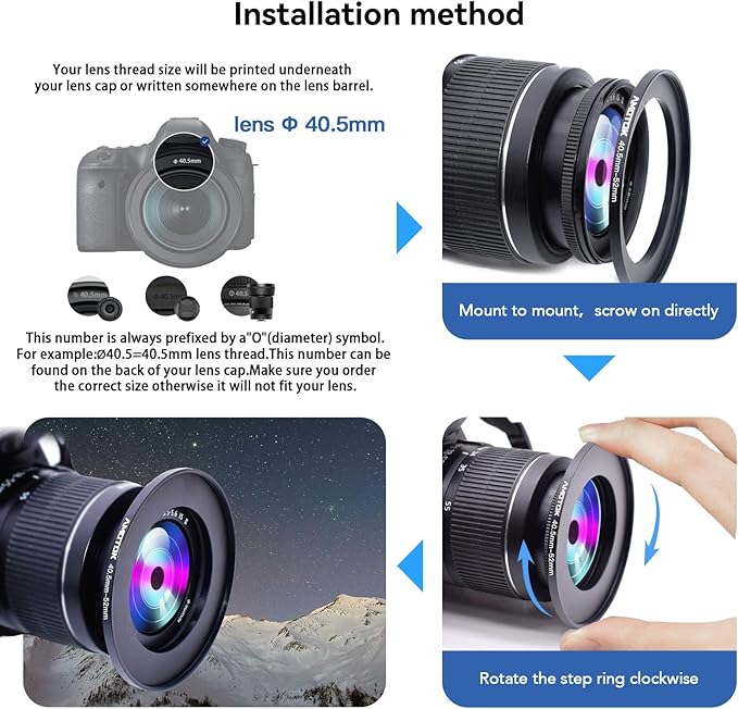 40.5mm Lens to 52mm Camera Lens Adapter,40.5mm to 52mm Filter Step up Ring Adapter Ring,Compatible All 52mm Filter Accessory.Made from CNC Machined