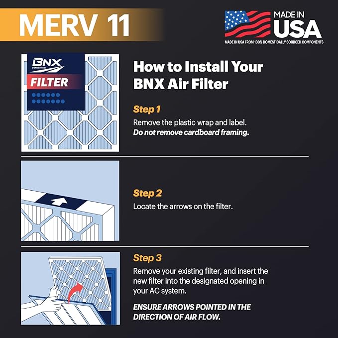 BNX TruFilter 20x25x1 Air Filter MERV 11 (6-Pack) - MADE IN USA - Allergen Defense Electrostatic Pleated Air Conditioner HVAC AC Furnace Filters for Allergies, Dust, Pet, Smoke, Allergy MPR 1200 FPR 7