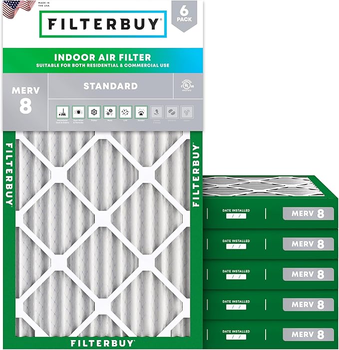 Filterbuy 12x20x2 Air Filter MERV 8 Essential Dust & Allergy Defense (6-Pack), Electrostatic Pleated HVAC AC Furnace Filters Replacement, Made in USA (Actual Size: 11.50 x 19.50 x 1.75)