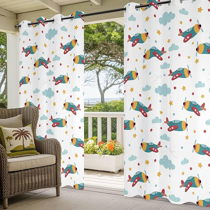 Turquoise Airplane Waterproof Outdoor Curtains for Patio, Windproof Weatherproof Curtains with Weighted Hem, Modern Art Cartoon Aircraft Clouds Light Filtering Privacy Drapes for Porch 54"x 84"