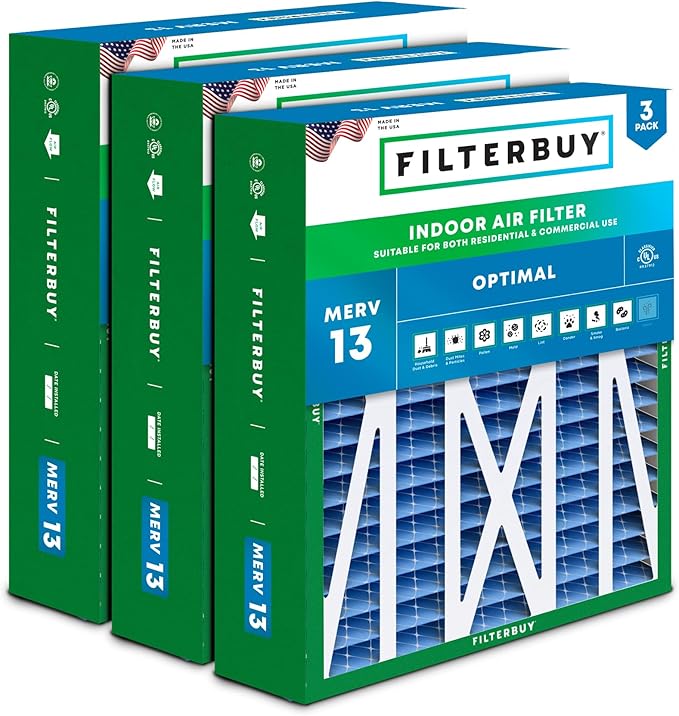Filterbuy 17.5x21x5 Air Filter MERV 13 Optimal Smoke & Allergy Defense (3-Pack), Electrostatic Pleated HVAC AC Furnace Filters for Rheem, Ruud, and Protech (Actual Size: 17.13 x 20.63 x 4.38)