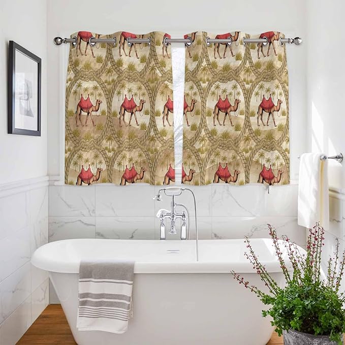 2 Panel Kitchen Cafe Curtains, Desert Camels Sunlight Filtering Nature Air Through, Home Decor Window Covering Tier Curtains for Bedroom Living Room Tropical Palm Trees Sand Cords Brown