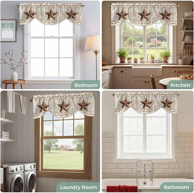 Western Texas Star Retro Tie Up Valance Curtains for Windows, Kitchen Curtains Window Shades, Country Farmhouse Gray Wood Grain Light Filtering Roman Curtain Valances for Bedroom/Bathroom/Cafe 42"x12"