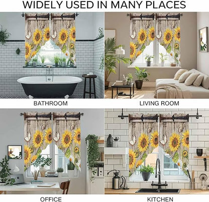 Farmhouse Sunflowers Swag Valances for Windows, Rustic Barn Doors Flowers Butterfly Wooden Rod Pocket Kitchen Curtains Valance, Kitchen Window Curtains Swag for Cafe Living Room, 2 Panels, 36x45 inch