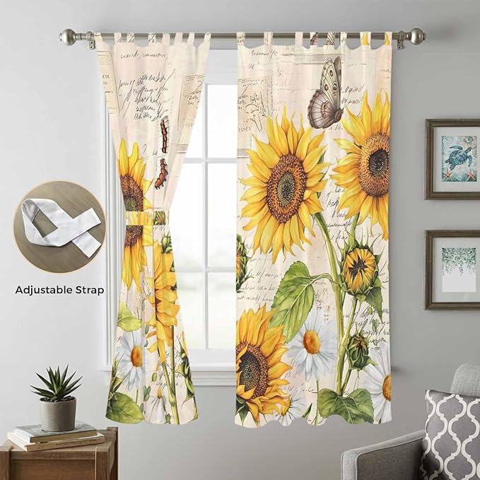 Yellow Sunflowers Living Room Curtains 96 Inch Length, Window Curtains Tab Top, Country Farm Butterfly Flower Light Beige Light Filtering Window Treatments Drapes 52"x96" 2 Panel