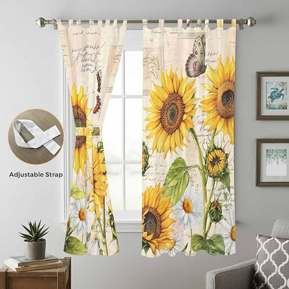 Yellow Sunflowers Living Room Curtains 96 Inch Length, Window Curtains Tab Top, Country Farm Butterfly Flower Light Beige Light Filtering Window Treatments Drapes 52"x96" 2 Panel
