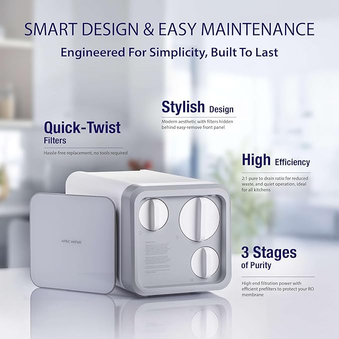 APEC Tankless Reverse Osmosis System, NSF 372 & 58 Certified 3 Stage Water Filtration Bottled Water Quality, High 1K GPD Faucet Flow, Efficient 2:1 Pure to Drain, Space Saving Design