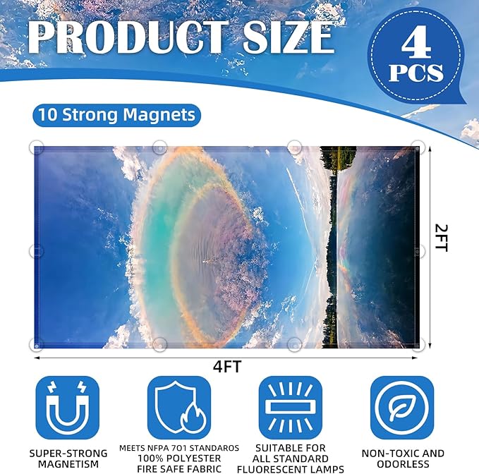4 Pcs Fluorescent Light Covers - Classroom, Office 4 x 2 Feet Flame Retardant Magnetic Covers for Ceiling Lights Filters (Blue Sky - Rainbow)