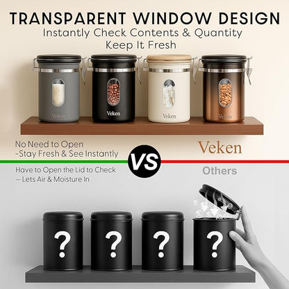 Veken Coffee Sugar Canister with Window, Coffee Lover Gift Set,Airtight Stainless Steel Kitchen Food Storage Container Gifts, Date Tracker & Scoop for Grounds Coffee,Beans,Tea,Flour,Cereal,22OZ,Cream