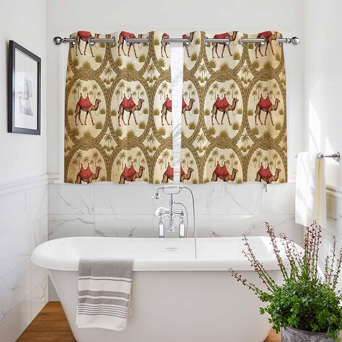 2 Panel Kitchen Cafe Curtains, Brown Desert Camels Sunlight Filtering Nature Air Through, Home Decor Window Covering Tier Curtains for Bedroom Living Room Tropical Date Coconut Trees Cords Leaves