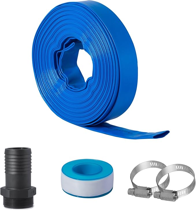 Eastrans 1 1/2 in x 50 ft Pool Backwash Hose Kit with Male NPT Adapter,Heavy Duty Discharge Pump Hose for Swimming Pool,Reinforced Pool Drain Hose with 2 Clamps and Thread Seal Tape,6 Bar