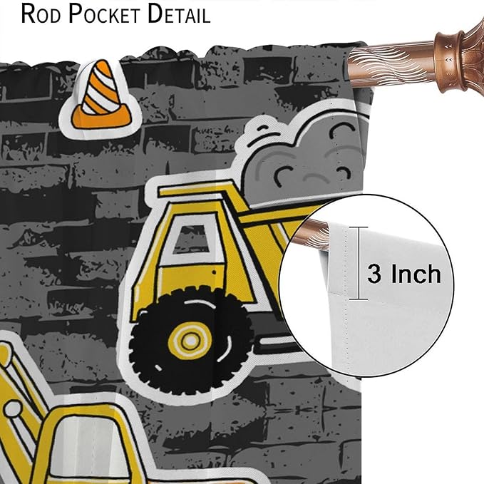 Kids Construction Excavator Window Curtains, Yellow Excavator Transporter Truck Cartoon Vehicles Rod Pocket Decorative Window Curtain for Children Teens Room 84x84in (30% Blackout)
