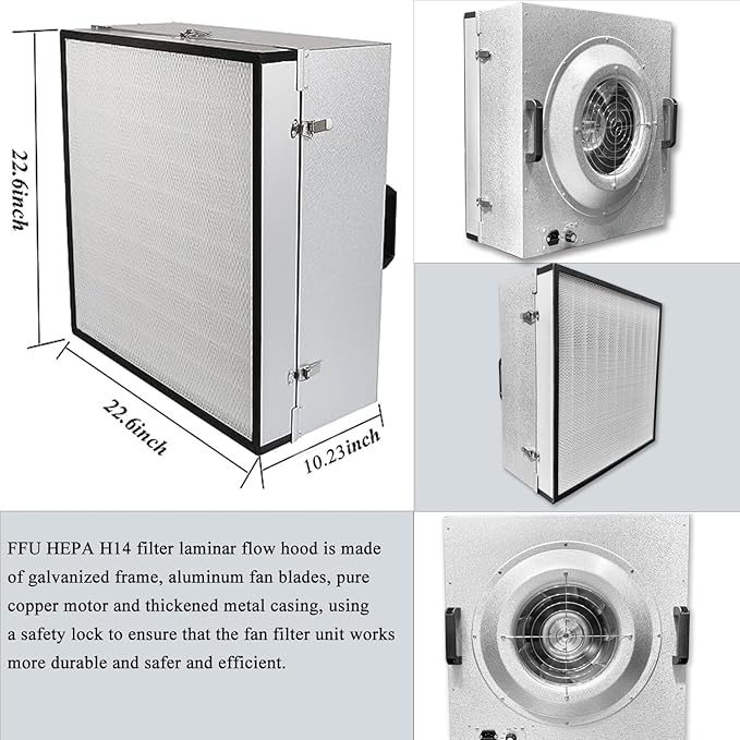 HEPA H14 Filtration Laminar Flow Hood,FFU,Updated Fan Filter Unit, Laminar Air Flow Hood (22.6”x22.6”110V), 100/ISO Class 5 Cleanliness, for laboratory/clean rooms/Mushroom with Safety Lock