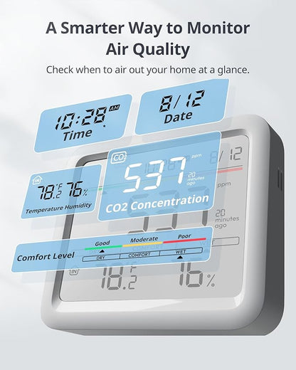 SwitchBot CO2 Detector, Air Quality Monitor Indoor, CO2 Monitor for CO2/TEMP/Humidity, Portable Carbon Dioxide Detector for Home/Car/Office/Greenhouse