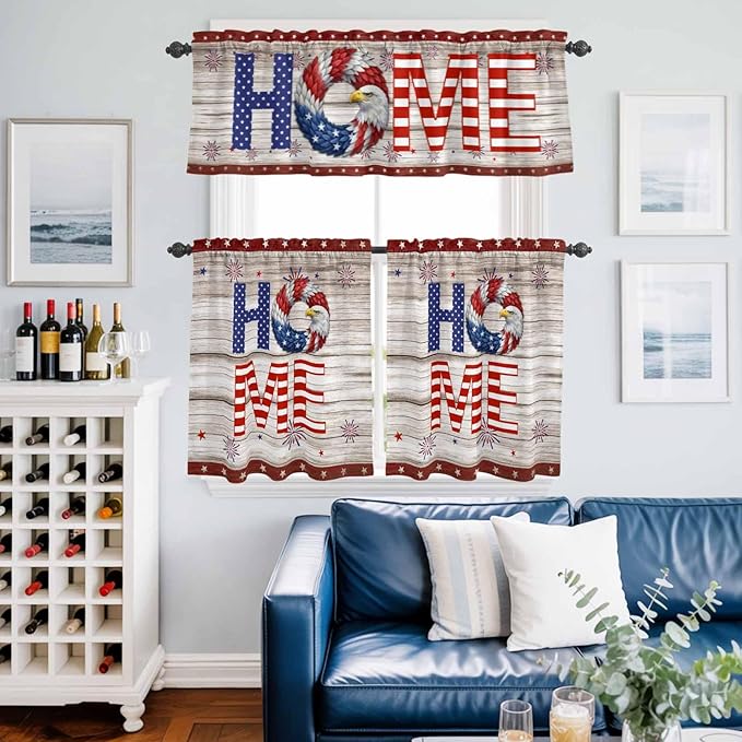 4th of July Kitchen Curtains Set 3 Piece for Windows,Rod Pocket Valance and Tier Set 36 Inch Length,Stars Striped Farmhouse American Flag Wood Grain Light Filtering Cafe Curtains for Living Room