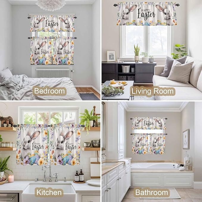 Happy Easter Kitchen Curtains Set 3 Piece for Windows,Rod Pocket Valance and Tier Set 24 Inch Length,Spring Grey Bunny Colorful Eggs Flower Beige Light Filtering Cafe Curtains for Living Room