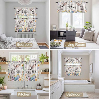 Happy Easter Kitchen Curtains Set 3 Piece for Windows,Rod Pocket Valance and Tier Set 24 Inch Length,Spring Grey Bunny Colorful Eggs Flower Beige Light Filtering Cafe Curtains for Living Room