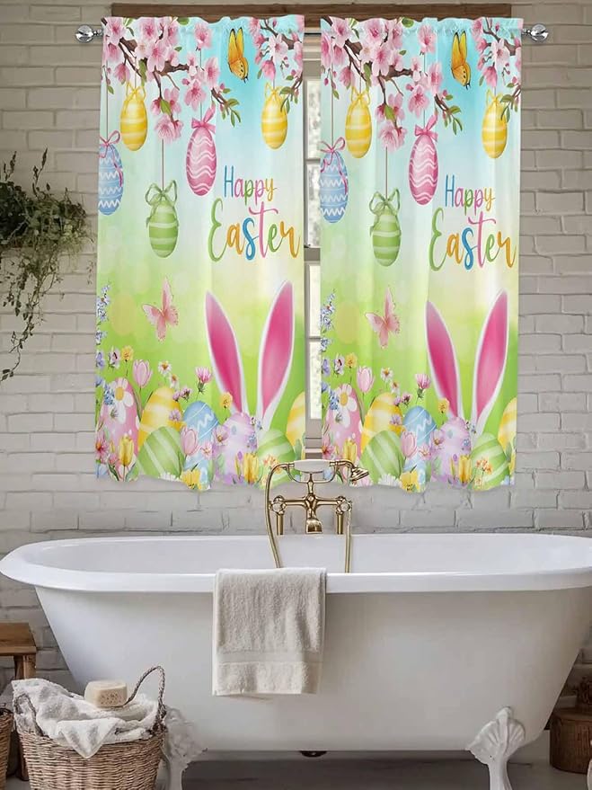 Easter Bedroom Curtains 63 Inches length, Spring Bunny Colorful Rabbit Eggs Butterfly Blue Green Window Treatment Curtain Drapes, Rod Pocket Curtain Panels for Living Room Kitchen, 42"x63", 2 Panels