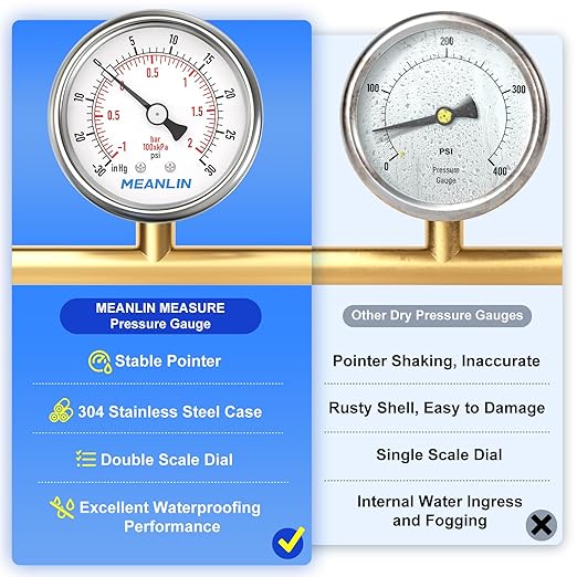 MEANLIN MEASURE -30inHG~30Psi Vacuum Gauge Stainless Steel 1/4" NPT 2" FACE DIAL Waterproof for Air Compressor HVAC Negative Pressure Hand Pump Pool Back Mount with 1/2" NPT and 3/8" NPT Hex Bushing
