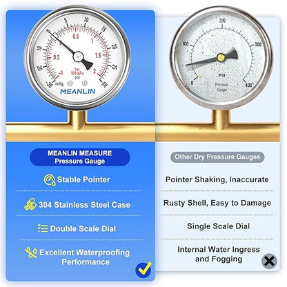 MEANLIN MEASURE -30inHG~30Psi Vacuum Gauge Stainless Steel 1/4" NPT 2" FACE DIAL Waterproof for Air Compressor HVAC Negative Pressure Hand Pump Pool Back Mount with 1/2" NPT and 3/8" NPT Hex Bushing