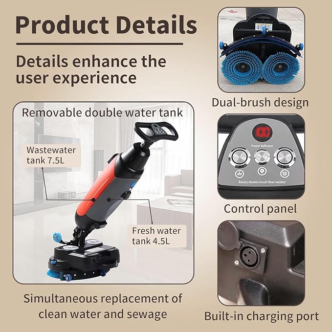 Rechargeable Floor Cleaner and Wet Dry Floor Machine, 17" Commercial Floor Scrubber, Dual-Brush Heads, Cordless Electric Floor Mop Cleaning Capacity 13000 Sqft/H, for Villa Hospital Office Gray