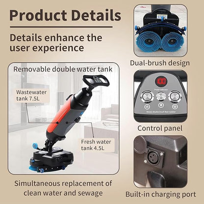 Rechargeable Floor Cleaner and Wet Dry Floor Machine, 17" Commercial Floor Scrubber, Dual-Brush Heads, Cordless Electric Floor Mop Cleaning Capacity 13000 Sqft/H, for Villa Hospital Office Gray