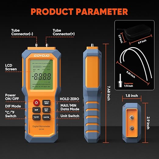 Handheld Manometer with Backlit, Dual-Port HVAC Digital Manometer Gas Pressure Tester, LCD Screen & Indoor Temperature Measurement, 12 Units, for Natural Gas Pipelines Ventilation Detection