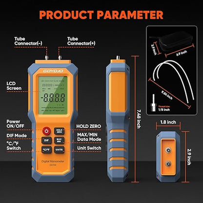 Handheld Manometer with Backlit, Dual-Port HVAC Digital Manometer Gas Pressure Tester, LCD Screen & Indoor Temperature Measurement, 12 Units, for Natural Gas Pipelines Ventilation Detection