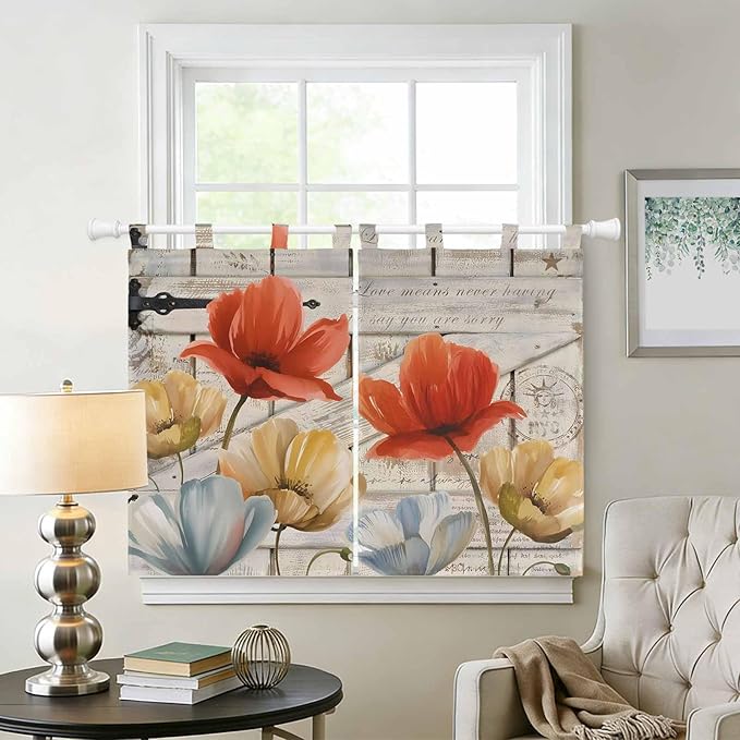 Retro Floral Bedroom Curtains 63 Inch Length, Window Curtains Tab Top, Red Yellow Tulips Barm Doors Farmhouse Wooden Light Filtering Window Treatments Drapes 42"x63" 2 Panel