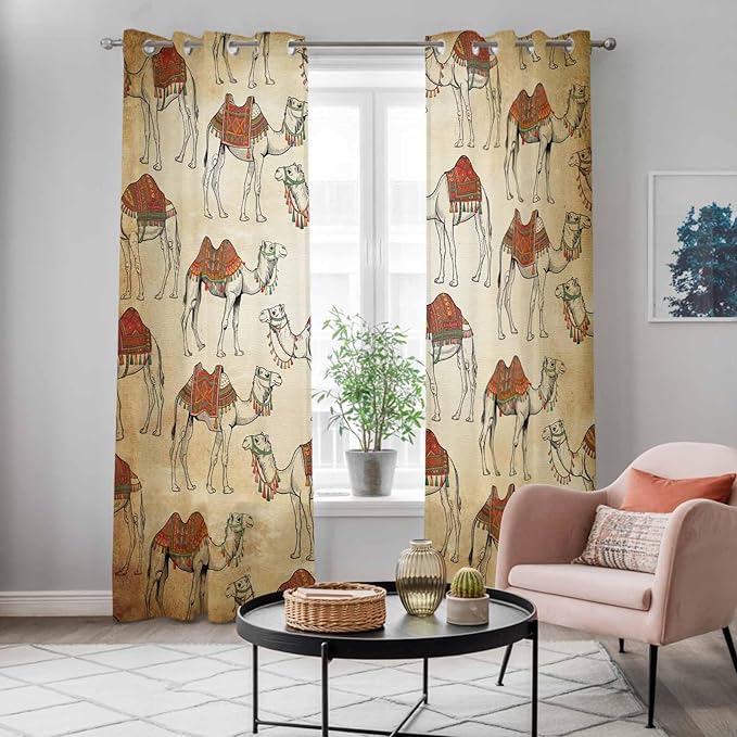 2 Panel Kitchen Cafe Curtains, Desert Sand Camel Sunlight Filtering Nature Air Through, Home Decor Window Covering Tier Curtains for Living Room 104W x 96L inch Summer Tropical Animals Vintage Beige