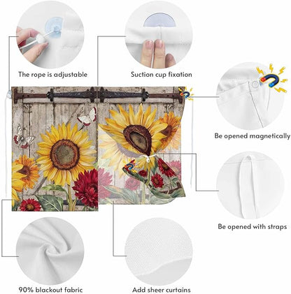 Sunflowers Magnetic Double Layer Car Window Shades,Side Window Curtains for Blackout/Breathable Mesh View,Retro Flower Barn Doors Butterfly Farmhouse Brown Heat Protection Sun Shades 26x20in 2pcs