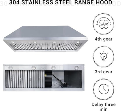 CHETTO C Stainless Steel Range Hood Cover with 4-Speed Vent Hood Insert Custom Handcrafted Metal Kitchen Fan with Towel Rack LED Light 54"W x27"D x54"H White Island Mount