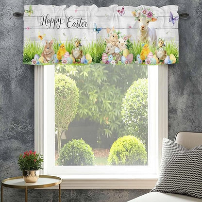 Easter Curtain Valances for Windows, Kitchen Valance Window Treatment, Spring Sheep Bunny Duck Plants Wooden Grain Light Filtering Block Curtains for Bathroom/Bedroom/Living Room 42'' x 12''