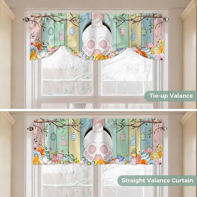 Easter Tie Up Valance Curtains for Windows, Kitchen Curtains Window Shades, Spring Colorful Bunny Eggs Flower Wood Grain Light Filtering Roman Curtain Valances for Bedroom/Bathroom/Cafe 54"x18"