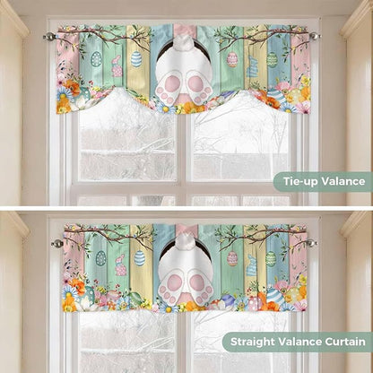 Easter Tie Up Valance Curtains for Windows, Kitchen Curtains Window Shades, Spring Colorful Bunny Eggs Flower Wood Grain Light Filtering Roman Curtain Valances for Bedroom/Bathroom/Cafe 54"x18"